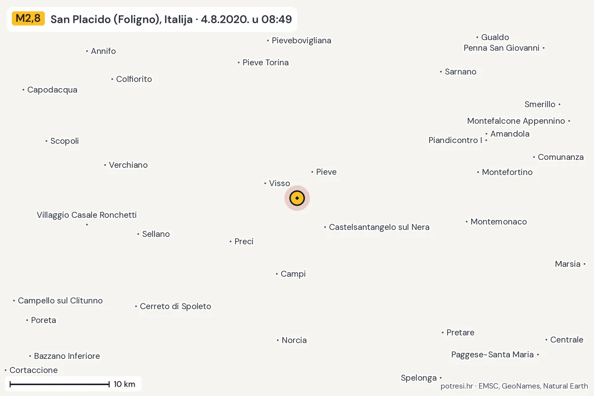 Karta: okolica epicentra, 60 km, potres M2,8, San Placido (Foligno), Italija, 4.8.2020.