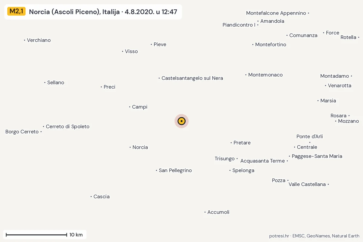 Karta: okolica epicentra, 60 km, potres M2,1, Norcia (Ascoli Piceno), Italija, 4.8.2020.
