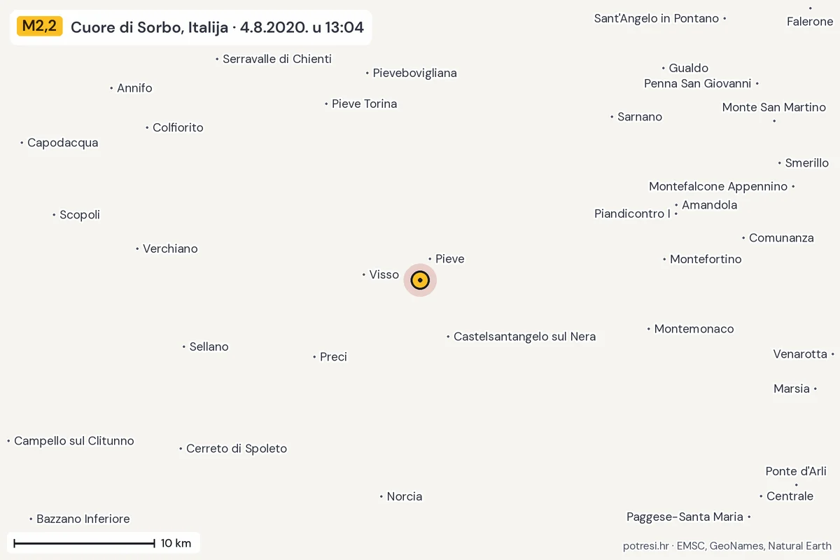 Karta: okolica epicentra, 60 km, potres M2,2, Cuore di Sorbo, Italija, 4.8.2020.