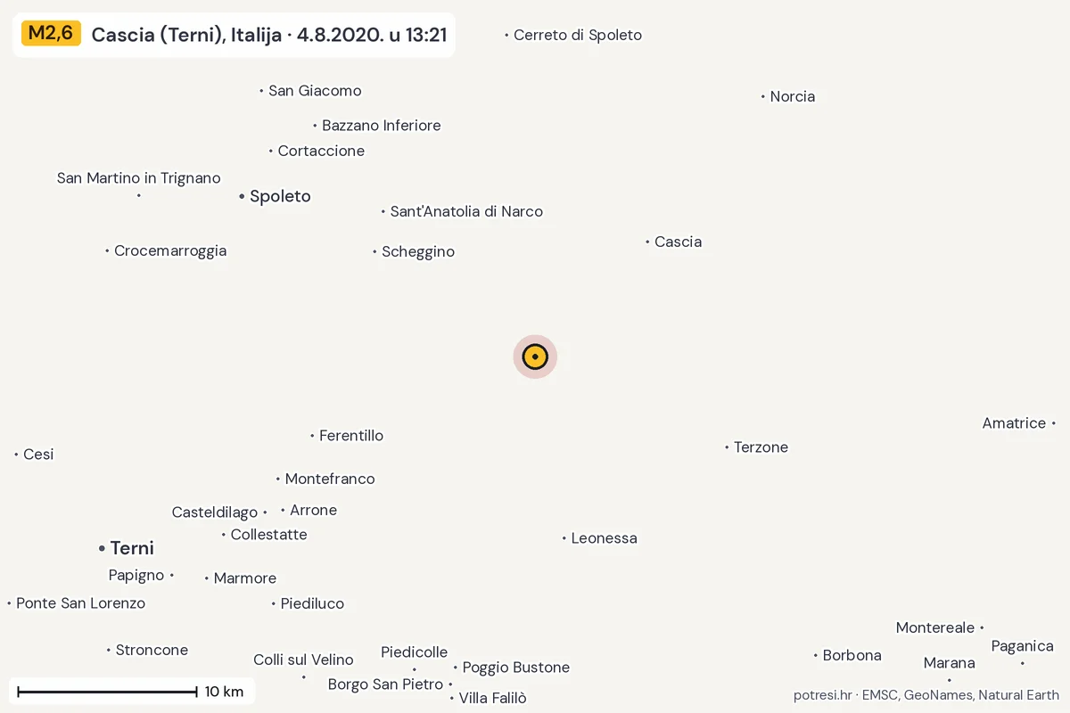 Karta: okolica epicentra, 60 km, potres M2,6, Cascia (Terni), Italija, 4.8.2020.