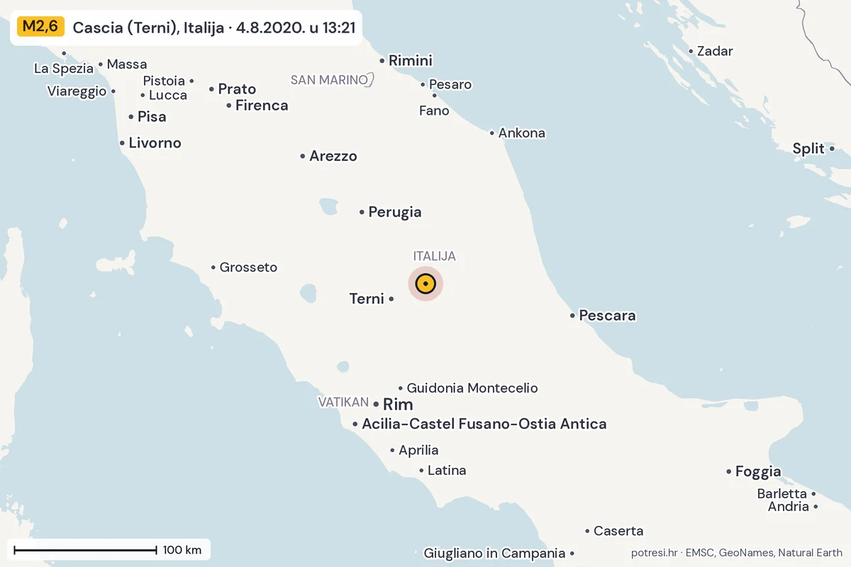 Karta: šire područje, 600 km, potres M2,6, Cascia (Terni), Italija, 4.8.2020.