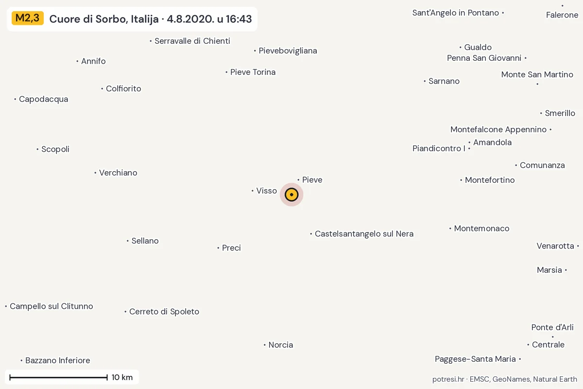 Karta: okolica epicentra, 60 km, potres M2,3, Cuore di Sorbo, Italija, 4.8.2020.