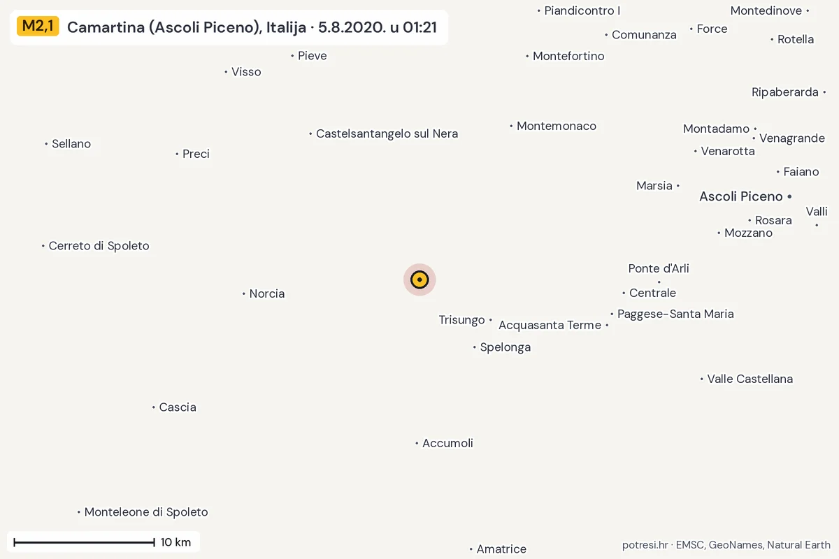 Karta: okolica epicentra, 60 km, potres M2,1, Camartina (Ascoli Piceno), Italija, 5.8.2020.