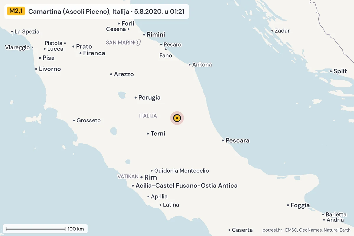 Karta: šire područje, 600 km, potres M2,1, Camartina (Ascoli Piceno), Italija, 5.8.2020.