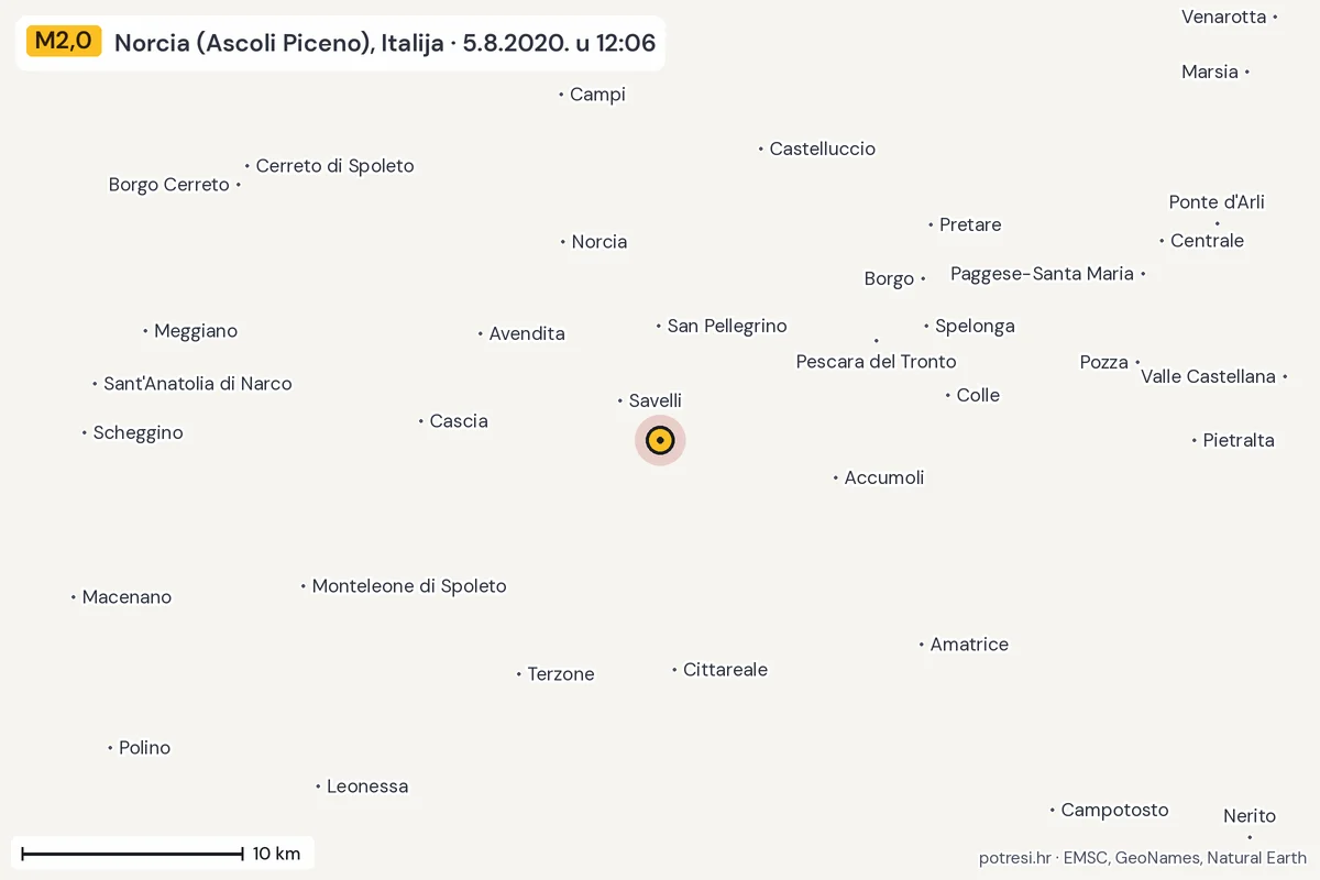 Karta: okolica epicentra, 60 km, potres M2,0, Norcia (Ascoli Piceno), Italija, 5.8.2020.
