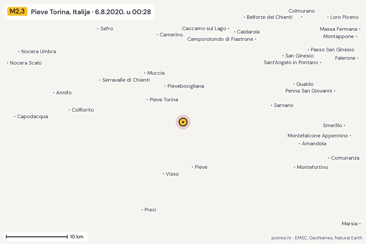 Karta: okolica epicentra, 60 km, potres M2,3, Pieve Torina, Italija, 6.8.2020.