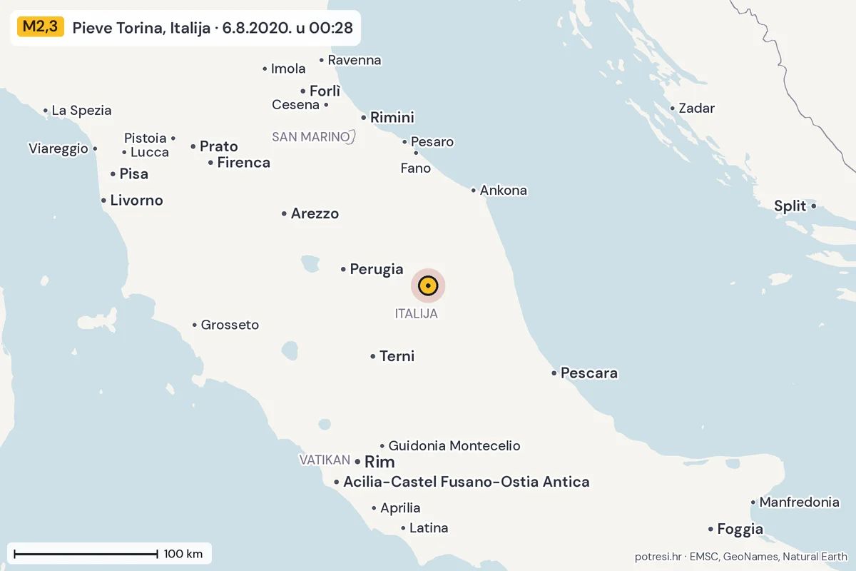 Karta: šire područje, 600 km, potres M2,3, Pieve Torina, Italija, 6.8.2020.