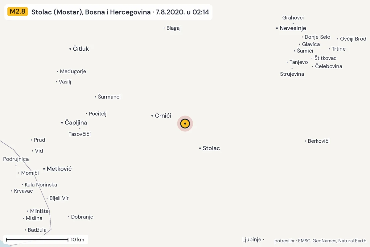 Karta: okolica epicentra, 60 km, potres M2,8, Stolac (Mostar), Bosna i Hercegovina, 7.8.2020.