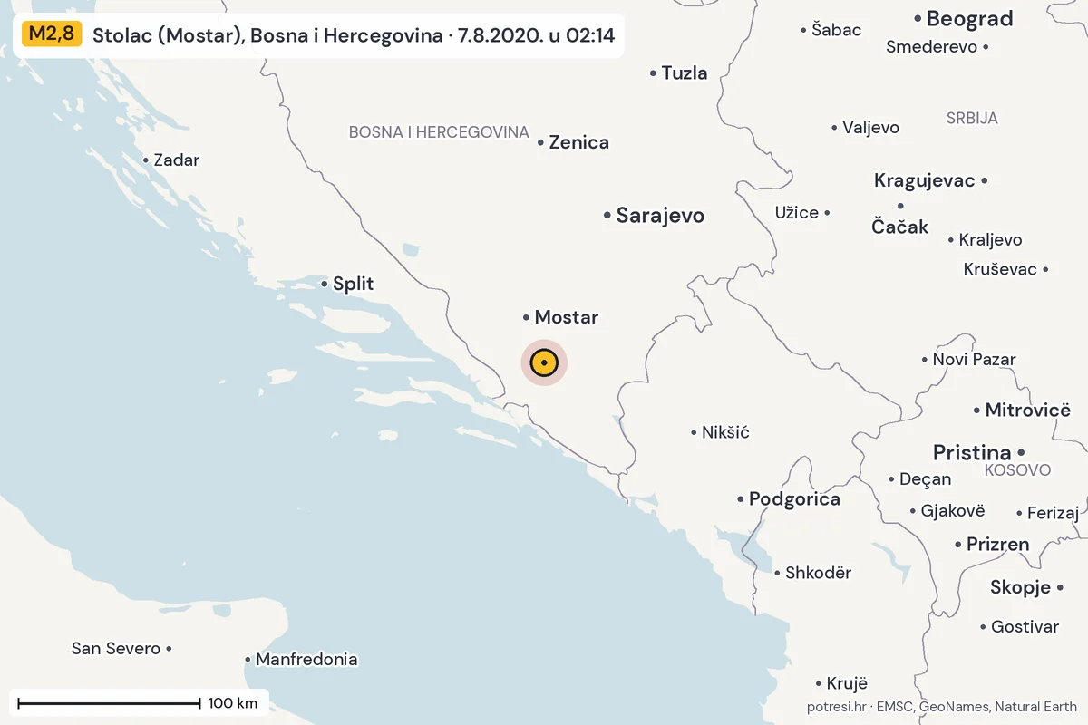 Karta: šire područje, 600 km, potres M2,8, Stolac (Mostar), Bosna i Hercegovina, 7.8.2020.