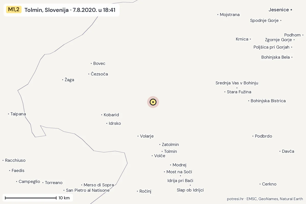Karta: okolica epicentra, 60 km, potres M1,2, Tolmin, Slovenija, 7.8.2020.