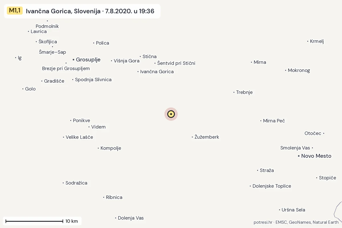 Karta: okolica epicentra, 60 km, potres M1,1, Ivančna Gorica, Slovenija, 7.8.2020.