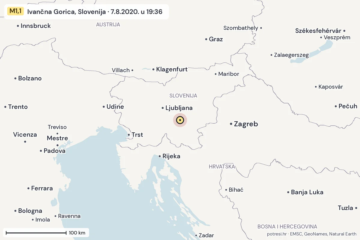Karta: šire područje, 600 km, potres M1,1, Ivančna Gorica, Slovenija, 7.8.2020.
