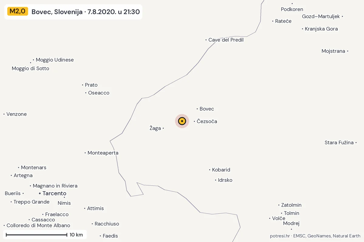 Karta: okolica epicentra, 60 km, potres M2,0, Bovec, Slovenija, 7.8.2020.