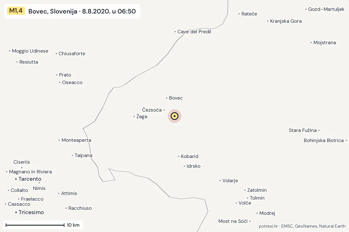 Karta: okolica epicentra, 60 km, potres M1,4, Bovec, Slovenija, 8.8.2020.