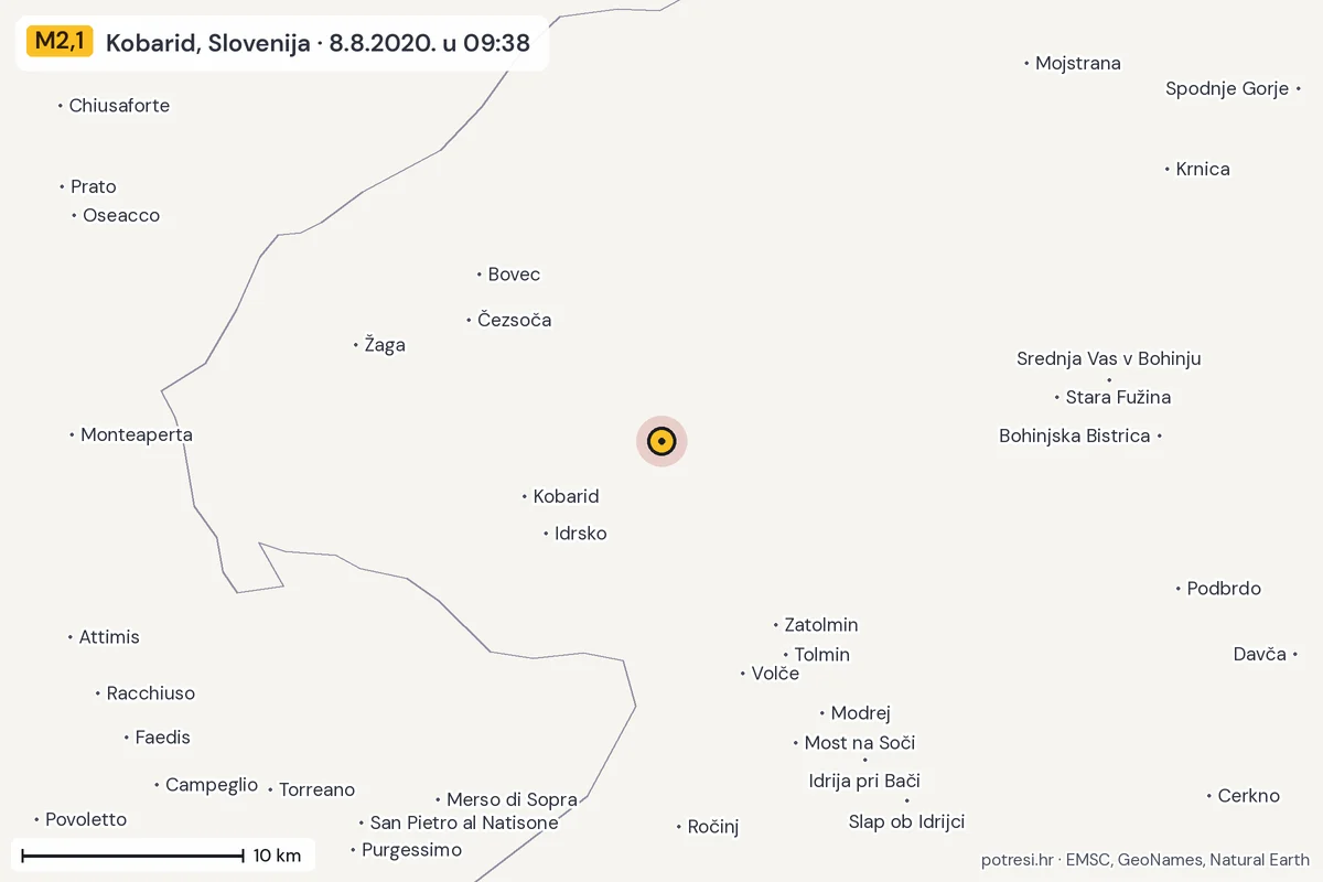 Karta: okolica epicentra, 60 km, potres M2,1, Kobarid, Slovenija, 8.8.2020.