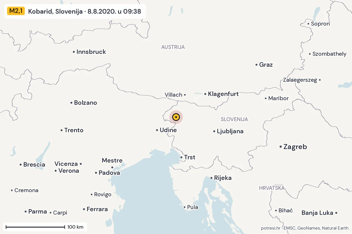Karta: šire područje, 600 km, potres M2,1, Kobarid, Slovenija, 8.8.2020.