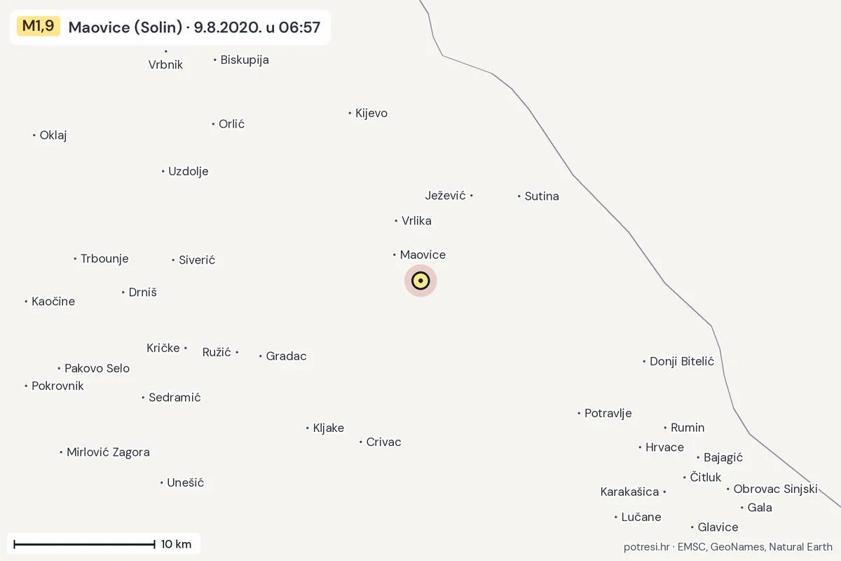 Karta: okolica epicentra, 60 km, potres M1,9, Maovice (Solin), 9.8.2020.