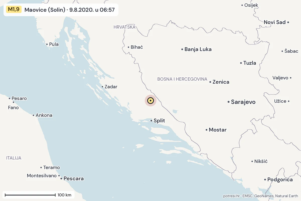 Karta: šire područje, 600 km, potres M1,9, Maovice (Solin), 9.8.2020.