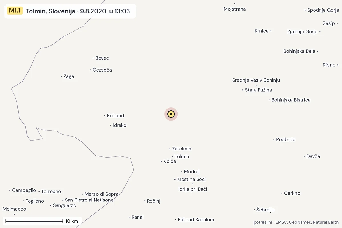Karta: okolica epicentra, 60 km, potres M1,1, Tolmin, Slovenija, 9.8.2020.