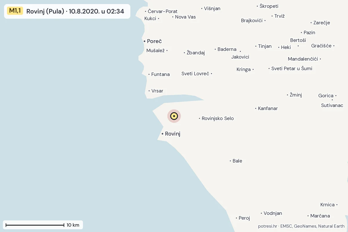 Karta: okolica epicentra, 60 km, potres M1,1, Rovinj (Pula), 10.8.2020.