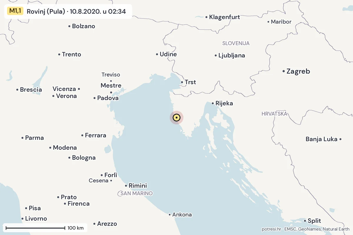 Karta: šire područje, 600 km, potres M1,1, Rovinj (Pula), 10.8.2020.