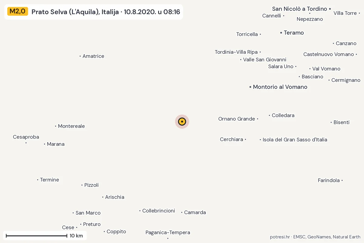 Karta: okolica epicentra, 60 km, potres M2,0, Prato Selva (L'Aquila), Italija, 10.8.2020.