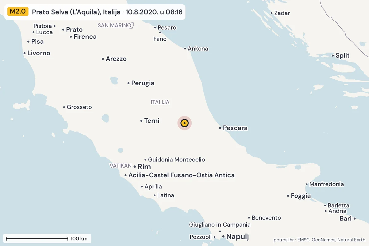 Karta: šire područje, 600 km, potres M2,0, Prato Selva (L'Aquila), Italija, 10.8.2020.