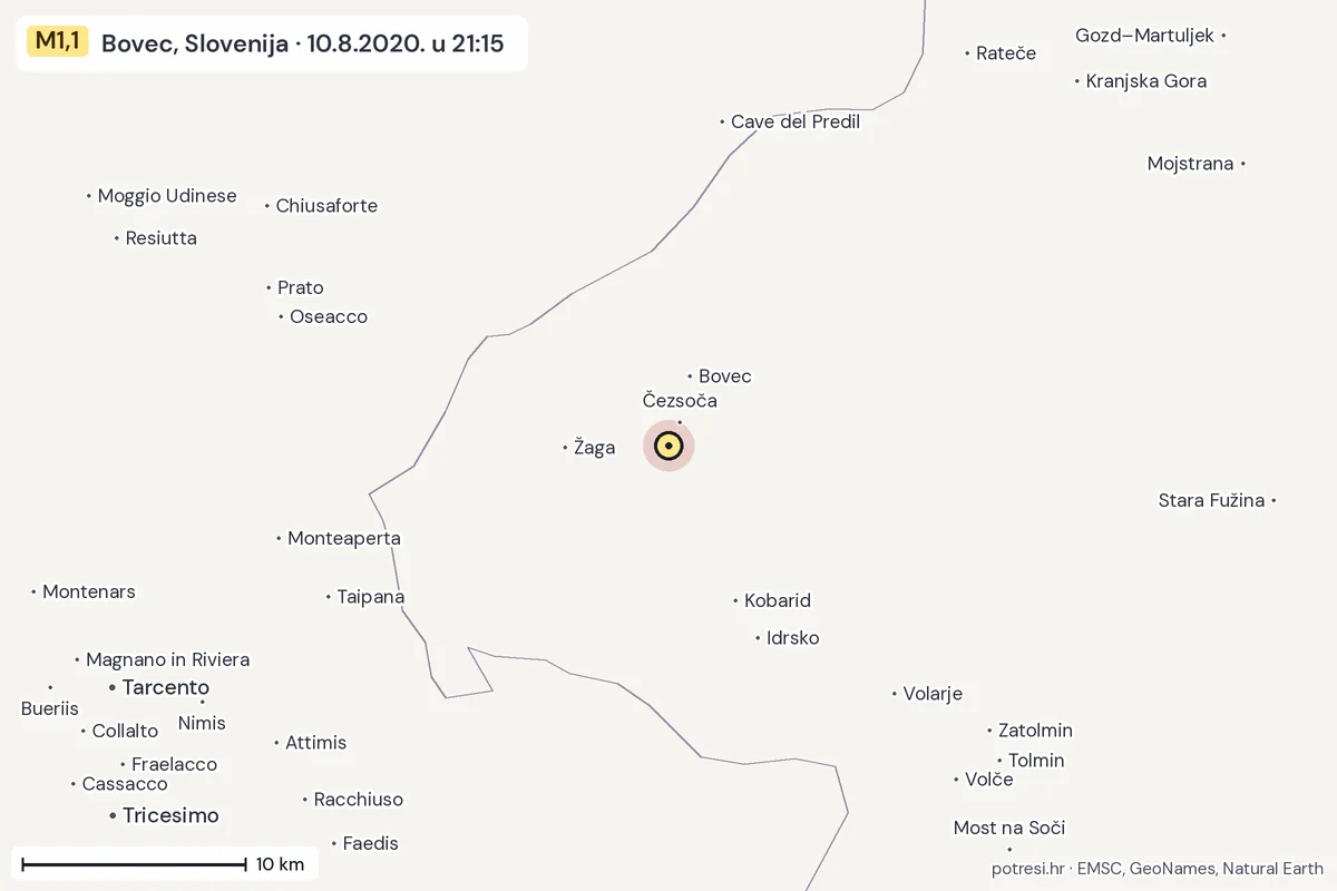 Karta: okolica epicentra, 60 km, potres M1,1, Bovec, Slovenija, 10.8.2020.