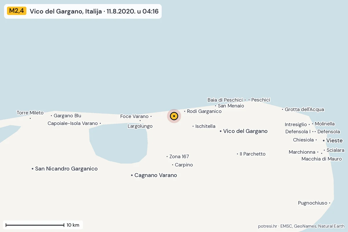 Karta: okolica epicentra, 60 km, potres M2,4, Vico del Gargano, Italija, 11.8.2020.
