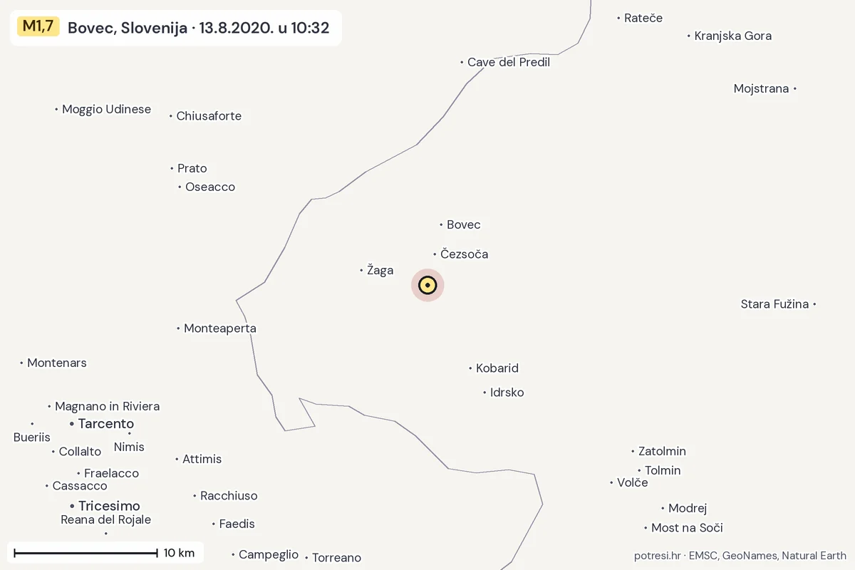 Karta: okolica epicentra, 60 km, potres M1,7, Bovec, Slovenija, 13.8.2020.