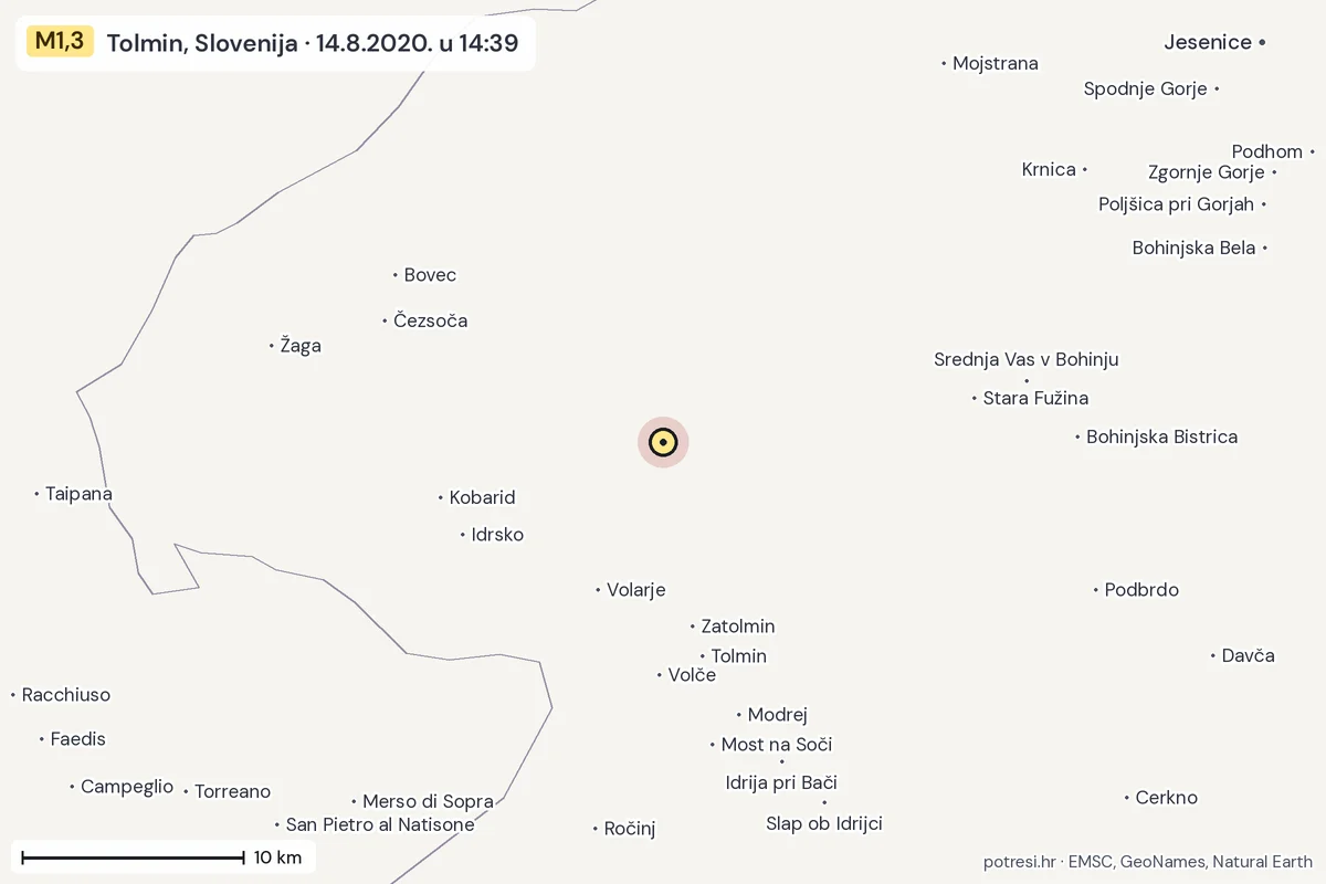 Karta: okolica epicentra, 60 km, potres M1,3, Tolmin, Slovenija, 14.8.2020.