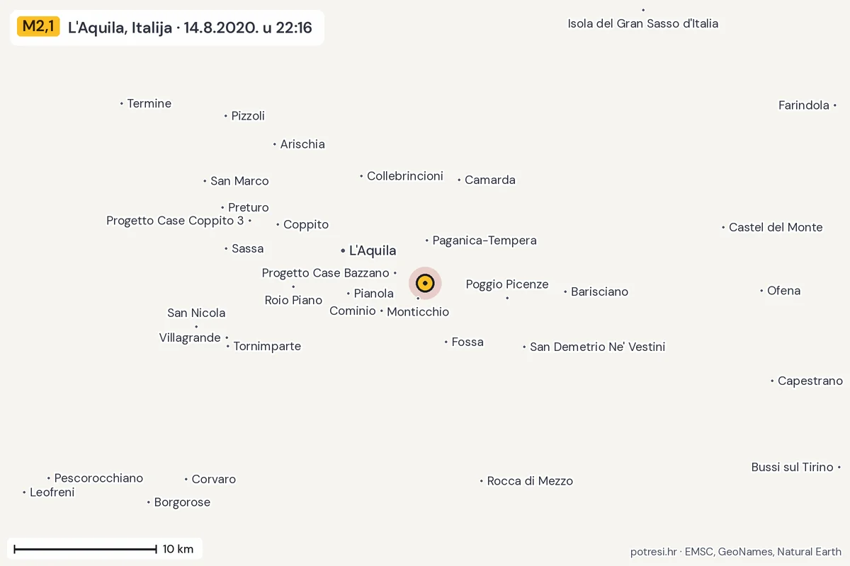 Karta: okolica epicentra, 60 km, potres M2,1, L'Aquila, Italija, 14.8.2020.