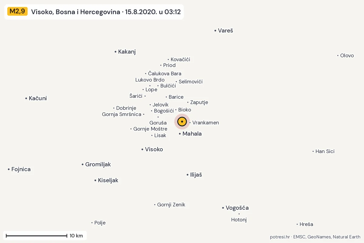 Karta: okolica epicentra, 60 km, potres M2,9, Visoko, Bosna i Hercegovina, 15.8.2020.