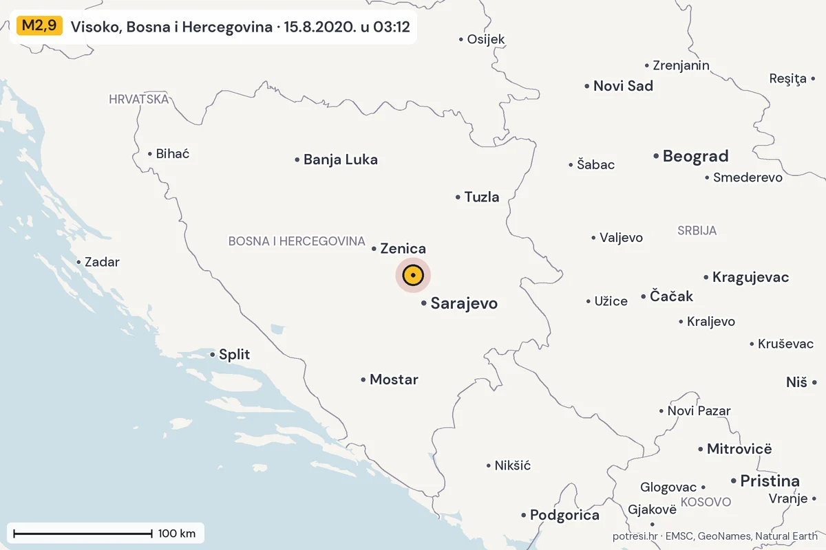 Karta: šire područje, 600 km, potres M2,9, Visoko, Bosna i Hercegovina, 15.8.2020.