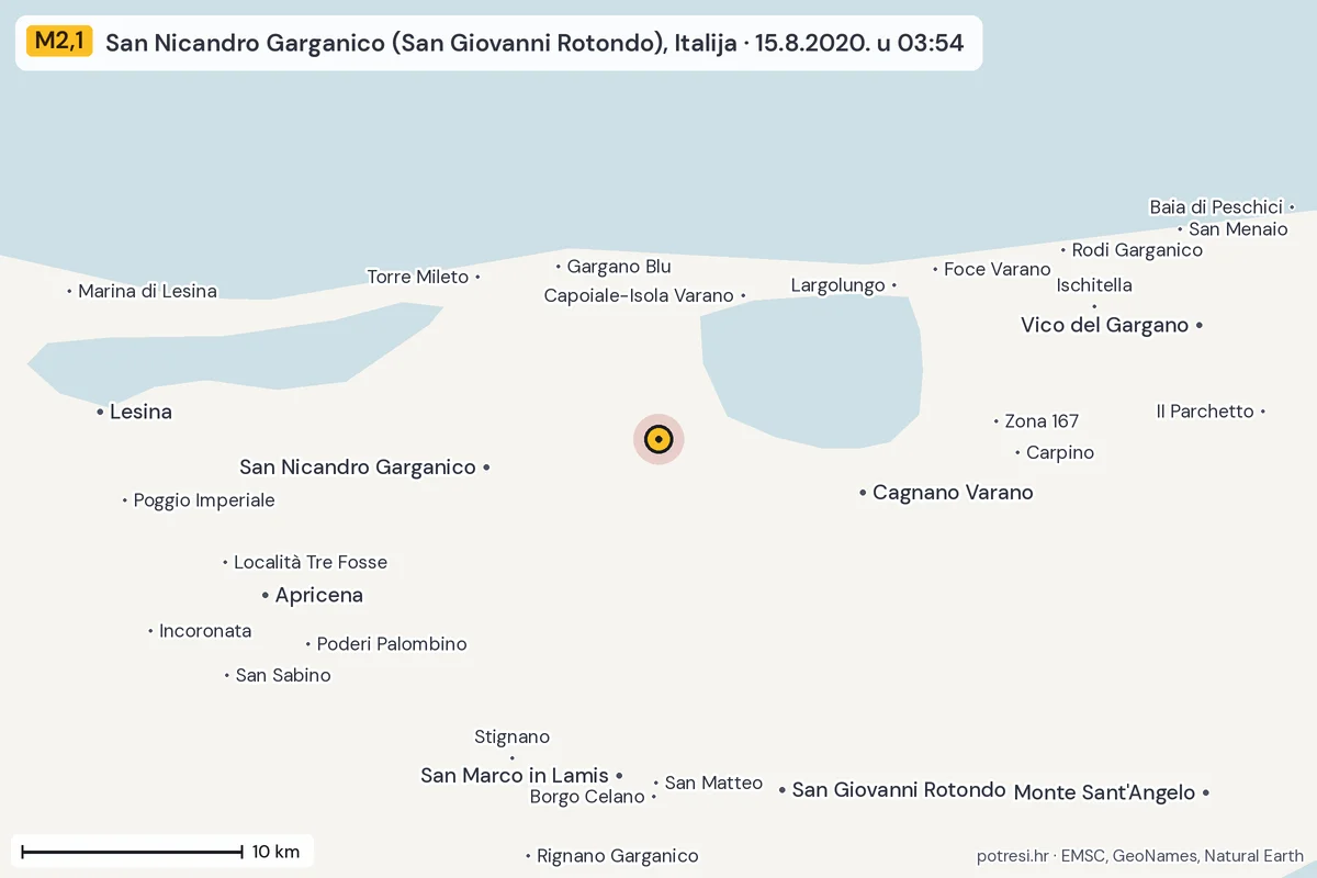 Karta: okolica epicentra, 60 km, potres M2,1, San Nicandro Garganico (San Giovanni Rotondo), Italija, 15.8.2020.