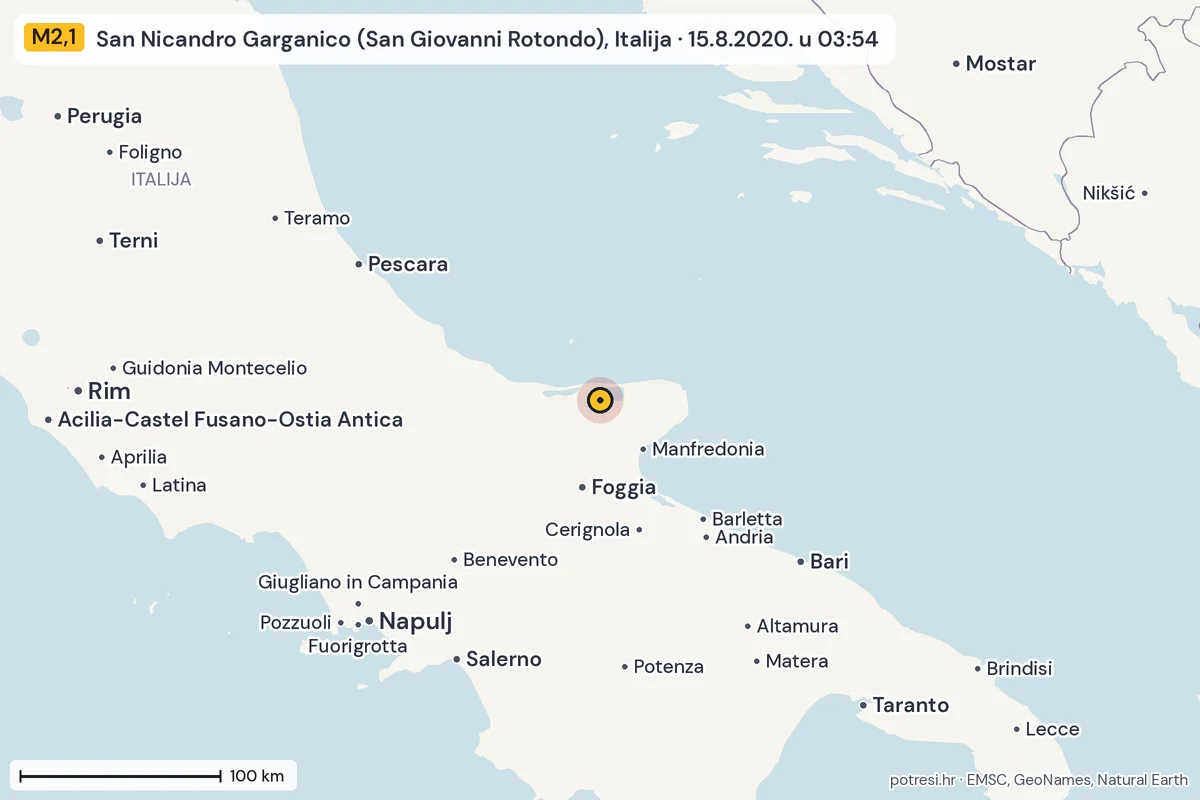 Karta: šire područje, 600 km, potres M2,1, San Nicandro Garganico (San Giovanni Rotondo), Italija, 15.8.2020.