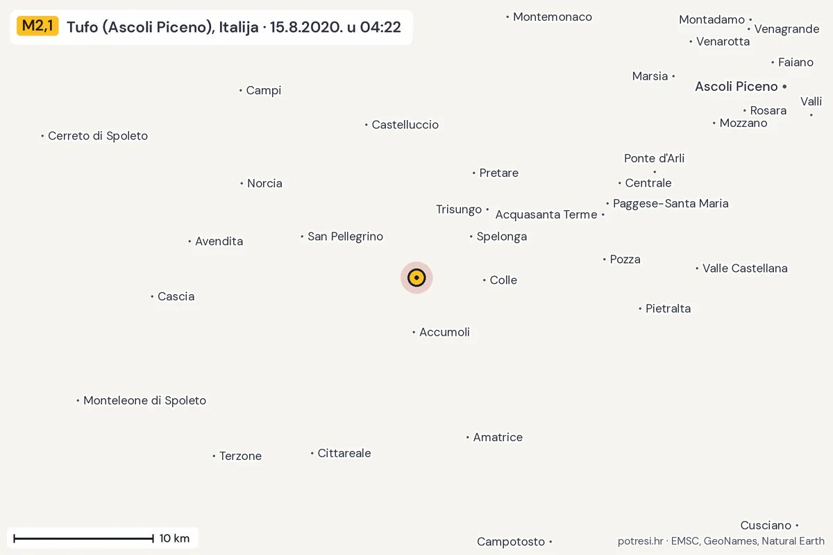Karta: okolica epicentra, 60 km, potres M2,1, Tufo (Ascoli Piceno), Italija, 15.8.2020.