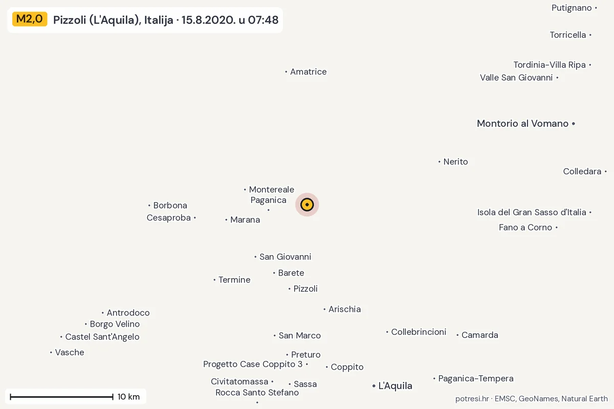Karta: okolica epicentra, 60 km, potres M2,0, Pizzoli (L'Aquila), Italija, 15.8.2020.