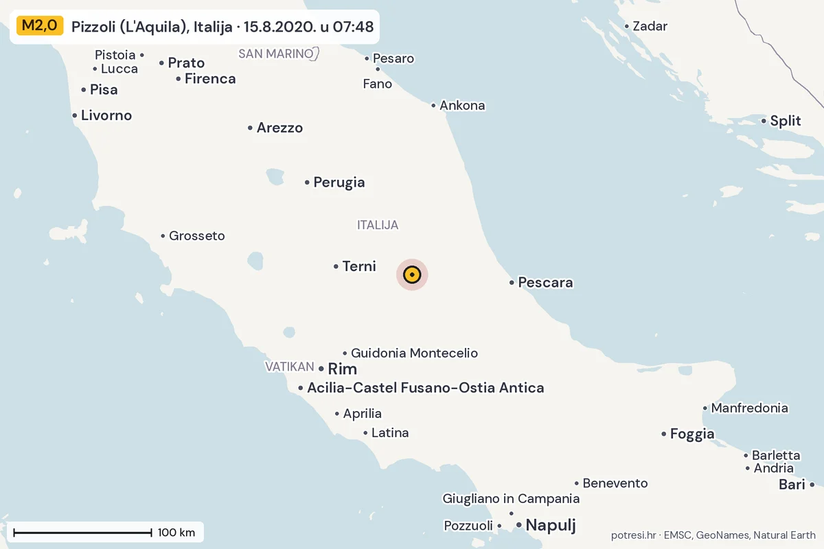 Karta: šire područje, 600 km, potres M2,0, Pizzoli (L'Aquila), Italija, 15.8.2020.
