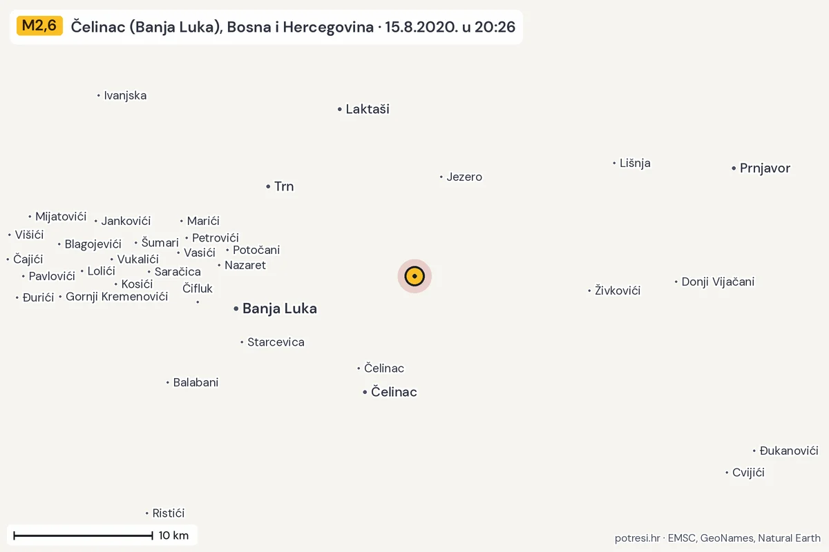 Karta: okolica epicentra, 60 km, potres M2,6, Čelinac (Banja Luka), Bosna i Hercegovina, 15.8.2020.