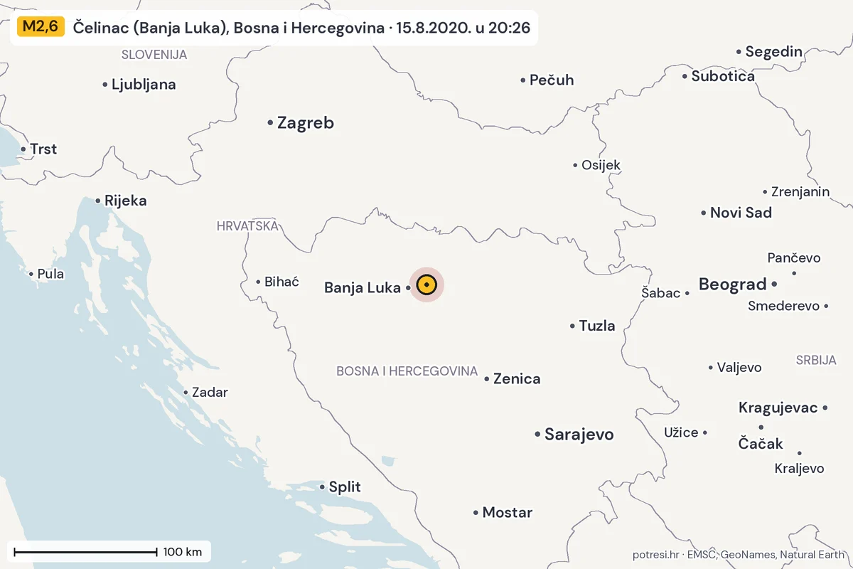 Karta: šire područje, 600 km, potres M2,6, Čelinac (Banja Luka), Bosna i Hercegovina, 15.8.2020.