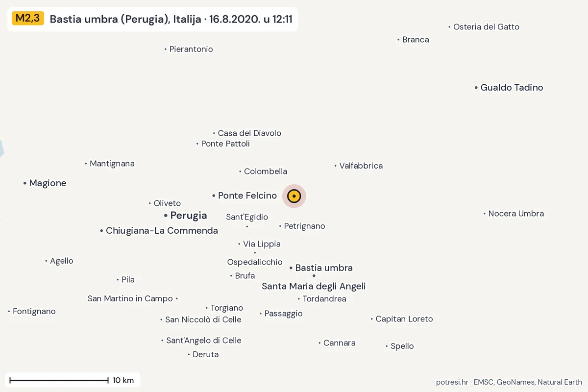Karta: okolica epicentra, 60 km, potres M2,3, Bastia umbra (Perugia), Italija, 16.8.2020.