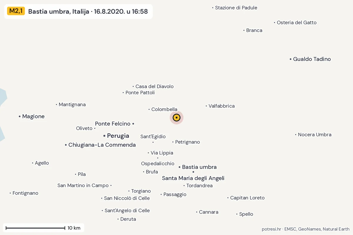 Karta: okolica epicentra, 60 km, potres M2,1, Bastia umbra, Italija, 16.8.2020.