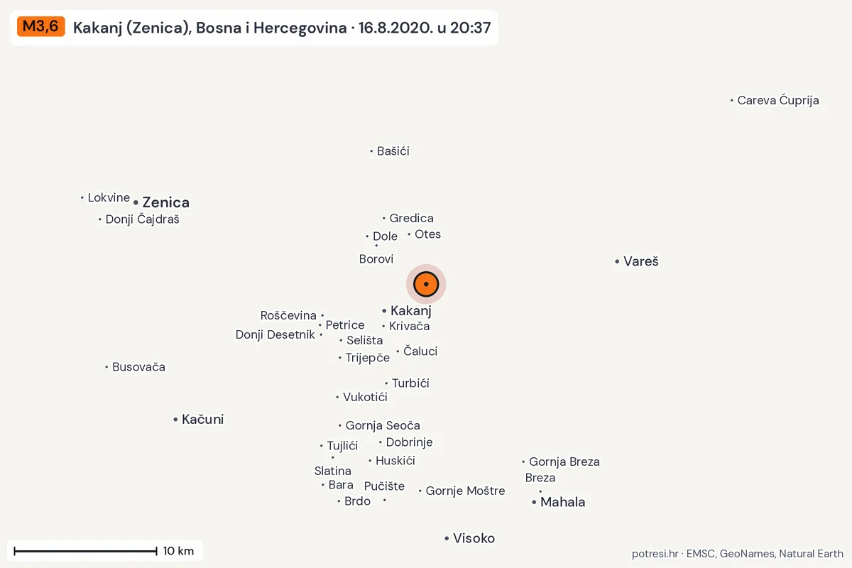 Karta: okolica epicentra, 60 km, potres M3,6, Kakanj (Zenica), Bosna i Hercegovina, 16.8.2020.