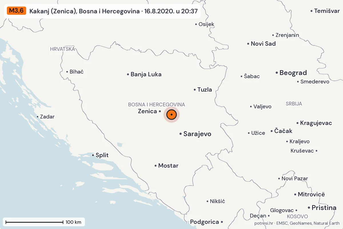 Karta: šire područje, 600 km, potres M3,6, Kakanj (Zenica), Bosna i Hercegovina, 16.8.2020.
