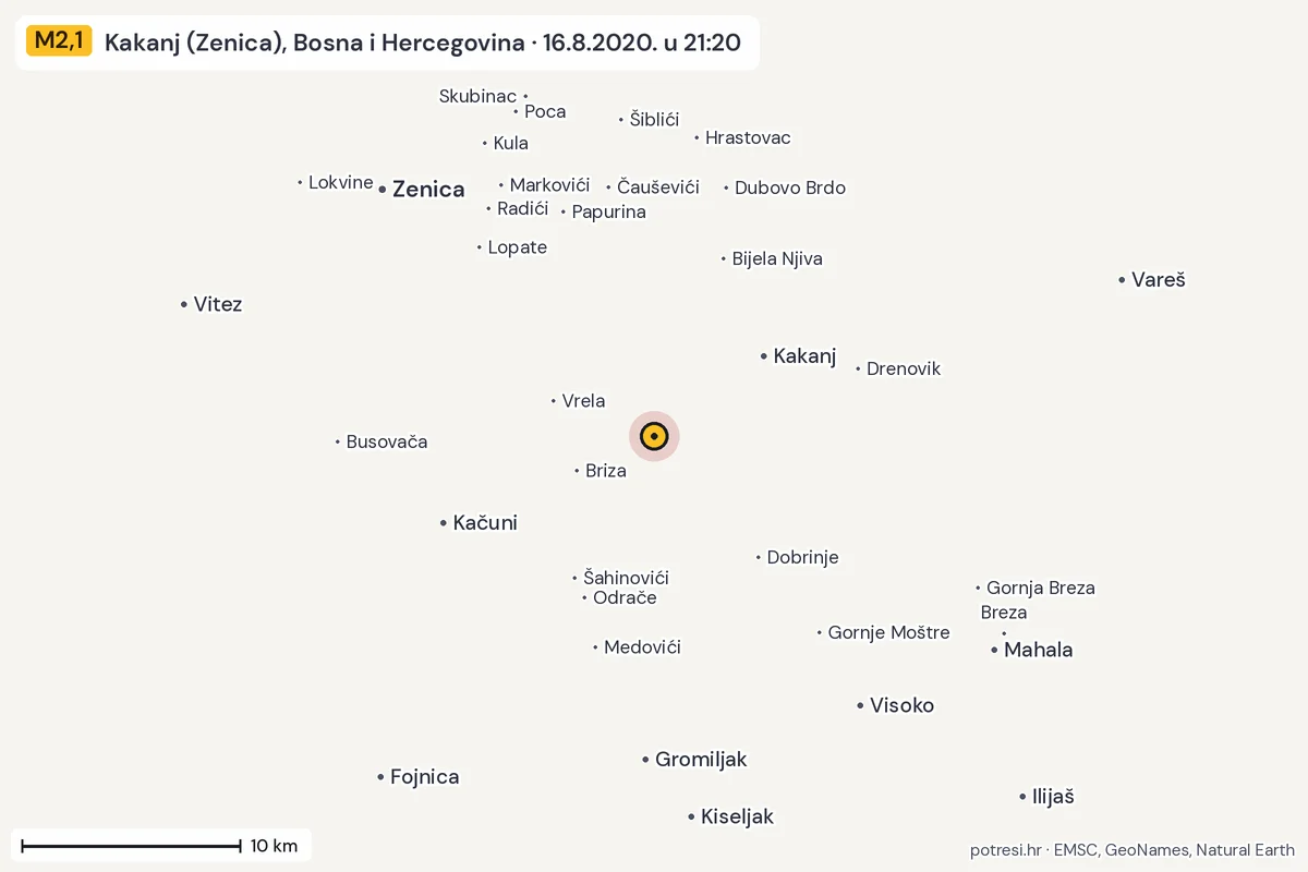 Karta: okolica epicentra, 60 km, potres M2,1, Kakanj (Zenica), Bosna i Hercegovina, 16.8.2020.