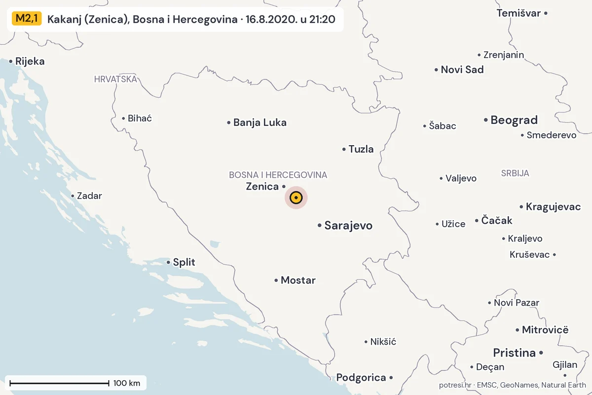 Karta: šire područje, 600 km, potres M2,1, Kakanj (Zenica), Bosna i Hercegovina, 16.8.2020.