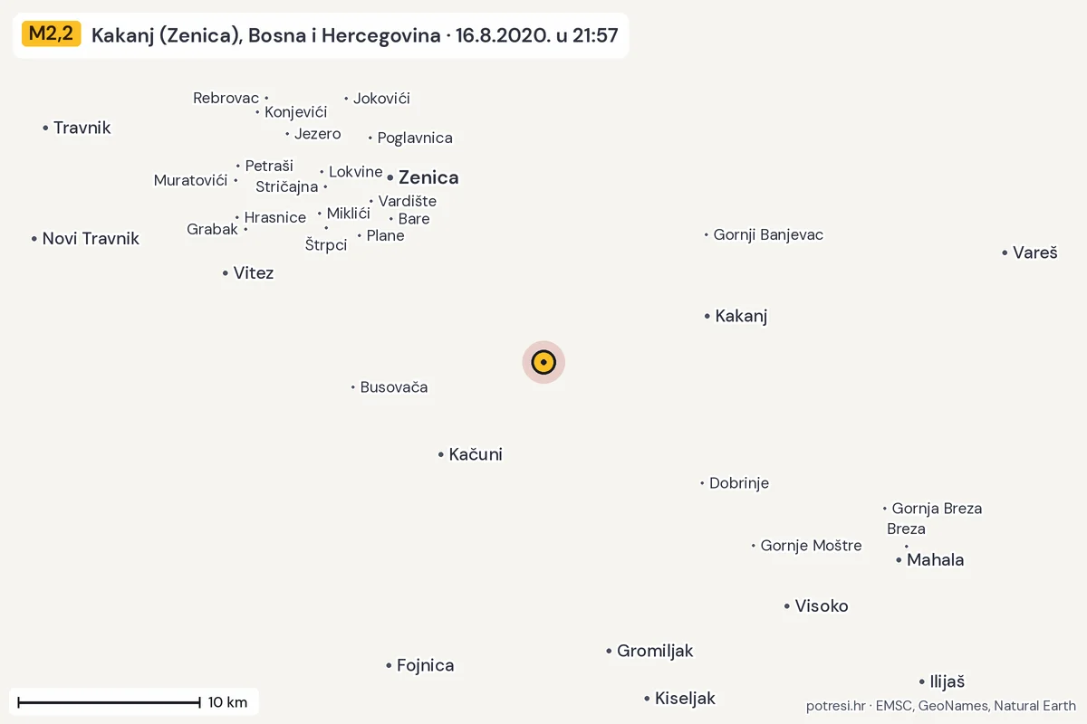 Karta: okolica epicentra, 60 km, potres M2,2, Kakanj (Zenica), Bosna i Hercegovina, 16.8.2020.