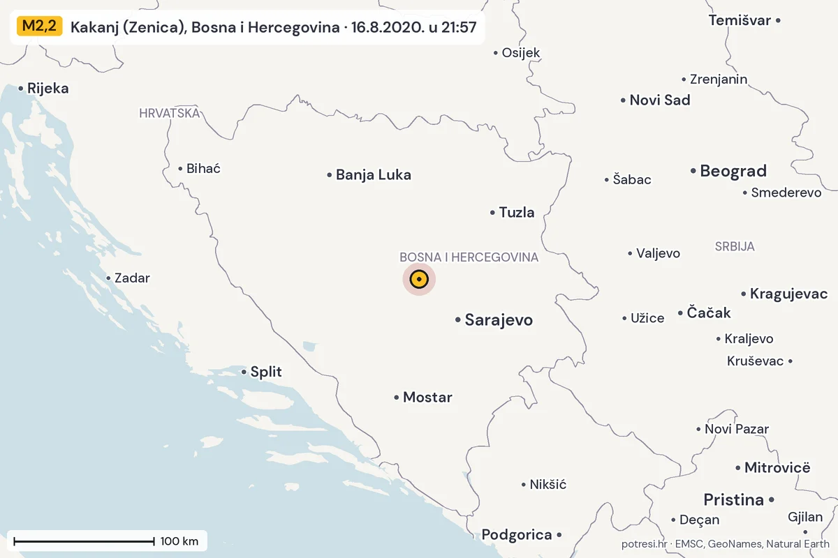 Karta: šire područje, 600 km, potres M2,2, Kakanj (Zenica), Bosna i Hercegovina, 16.8.2020.