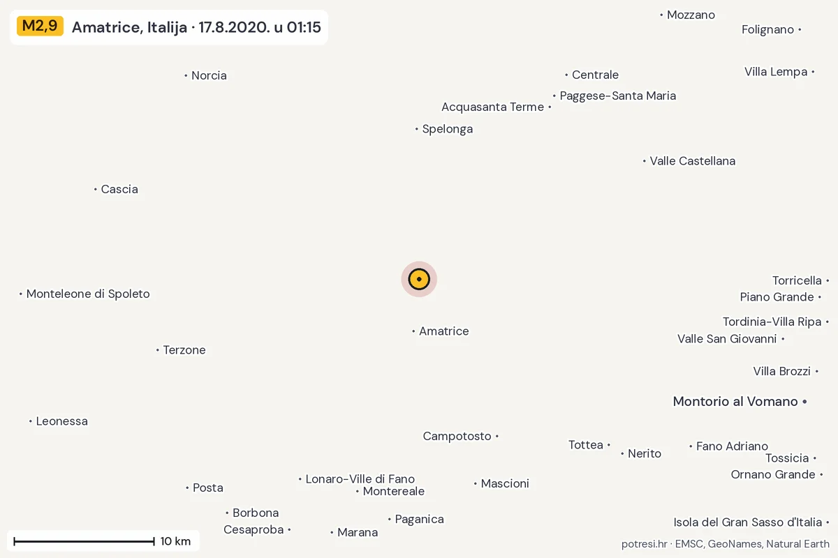 Karta: okolica epicentra, 60 km, potres M2,9, Amatrice, Italija, 17.8.2020.